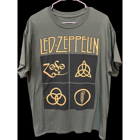 Led Zeppelin Graphic Tee Green With Symbols Rock Band Shirt Unisex Cotton Size L - Picture 1 of 8